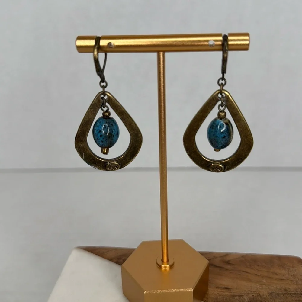 Premier Design Blue Ceramic Bead Brass Tone Dangle lot E9
